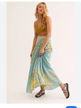 Free People Farrah Drop waist Light Blue and Yellow Floral Maxi Skirt